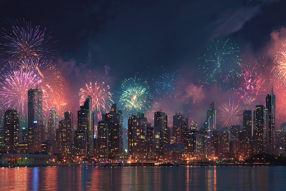 Colorful 4th of July fireworks lighting up the U.S. city skyline — celebrate Independence Day 2025 with EternalSlots.com