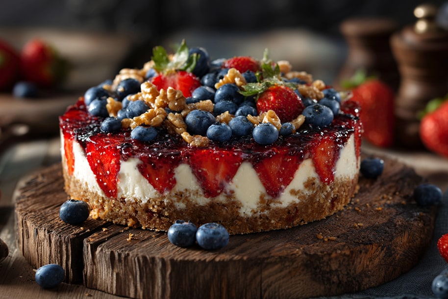 Red white and blue cheesecake topped with strawberries, blueberries, and walnuts – perfect patriotic dessert for 4th of July parties | EternalSlots.com blog