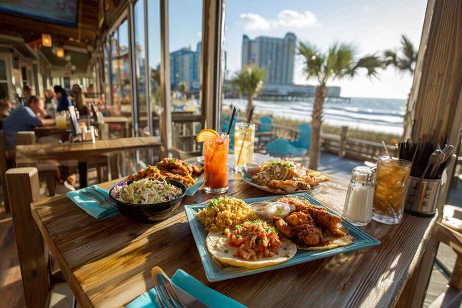 Oceanfront lunch with tacos, rice, seafood, and tropical drinks in Myrtle Beach vacation dining inspiration on EternalSlots.com casino and travel blog