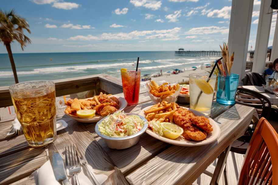 Beachfront dining in Myrtle Beach with fresh seafood, fries, and summer cocktails ideal vacation vibe featured on EternalSlots.com casino lifestyle blog