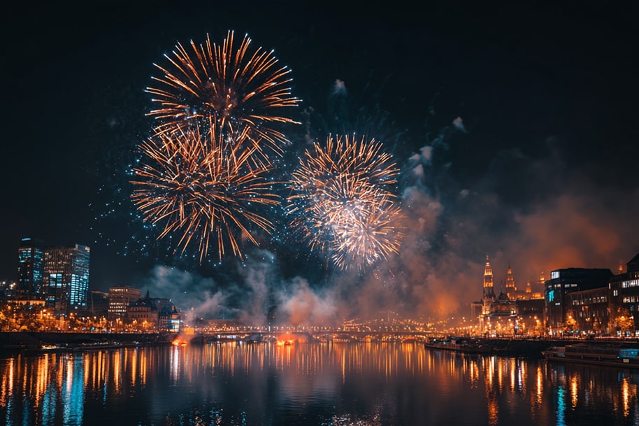 4th of July fireworks over city skyline in the U.S. – Celebrate Independence Day 2025 with top fireworks shows featured on EternalSlots.com