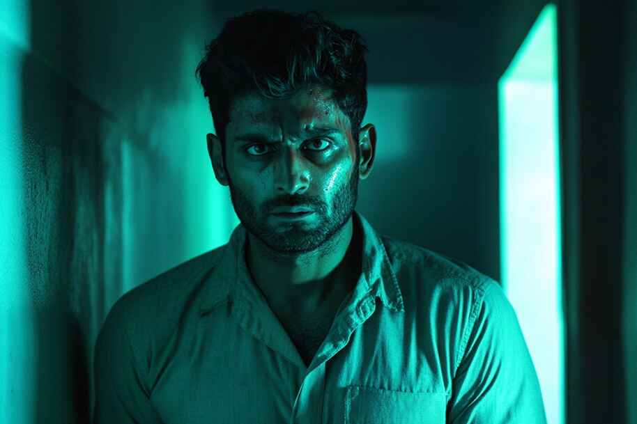 Distressed man in green-lit corridor looking forward – Indian thriller character from the Psych horror vertical