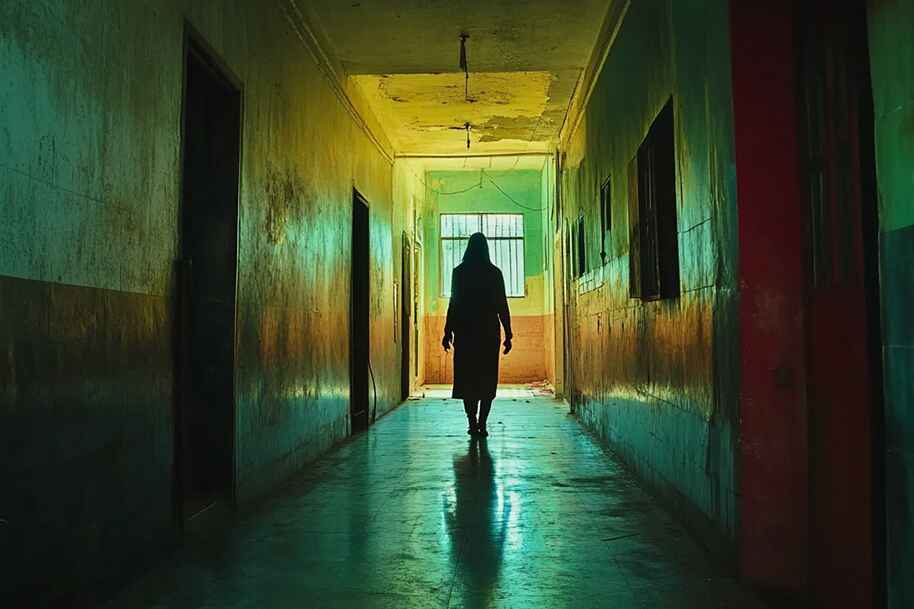 Shadowy figure walking down eerie abandoned hallway – Classic horror silhouette from Indian Psych cinema