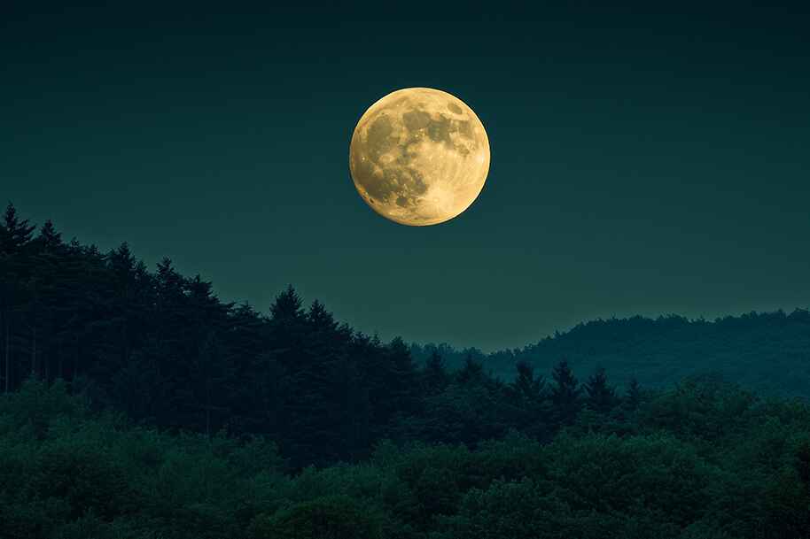 Golden Full Strawberry Moon rising above a dark forest, illuminating the June night sky and symbolizing spiritual energy and renewal.