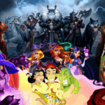Collage of characters from top 10 online slots with free spins bonuses at Eternal Slots Casino, including warriors, wizards, witches, pandas, and genies