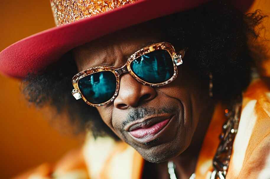 Sly Stone close-up in red hat and jeweled sunglasses – funk icon featured on Eternal Slots blog.