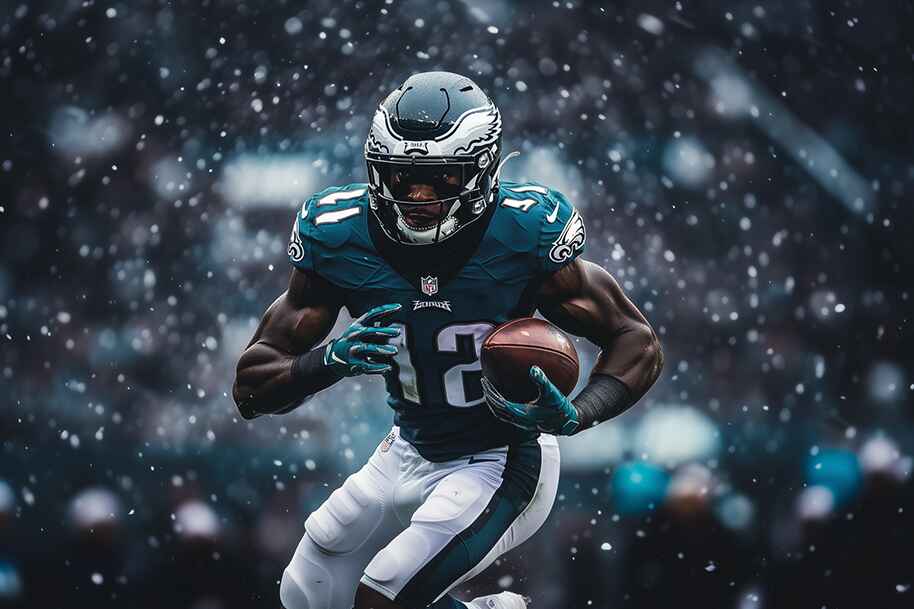 American football player running with the ball in snowy stadium symbolizing power, speed, and high-stakes action like instant casino withdrawals at Eternal Slots