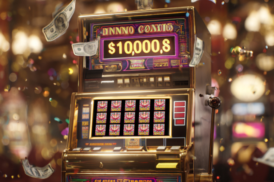 Slot machine showing a $10,000 win with money flying around in a casino, thanks to RTG slot features.