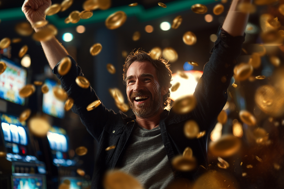 Excited man celebrating a big slot win with gold coins flying around in a casino.