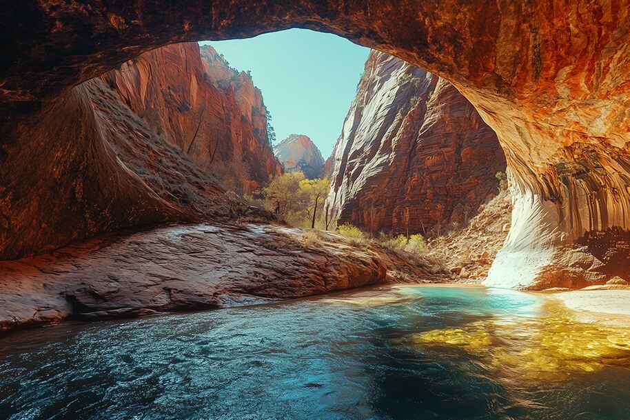 Stunning view from inside a red canyon cave opening toward turquoise river and dramatic rock formations in Zion National Park.