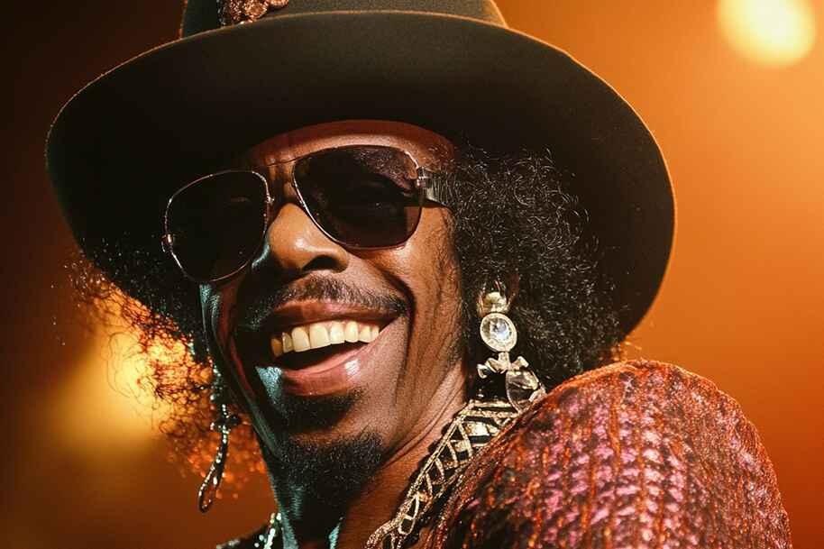 Sly Stone smiling on stage in a wide-brimmed hat, sunglasses, and bold jewelry – celebrating funk, freedom, and instant wins at Eternal Slots Casino.