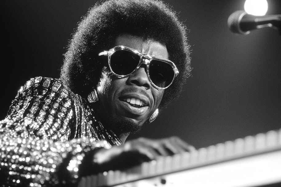 Funk legend Sly Stone performing live in glittering outfit and sunglasses, featured in Eternal Slots Casino blog spotlight.