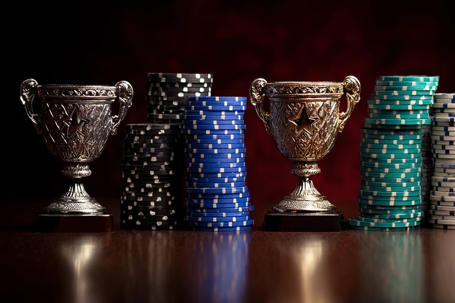 Casino leaderboard trophies and poker chips for real money tournament.