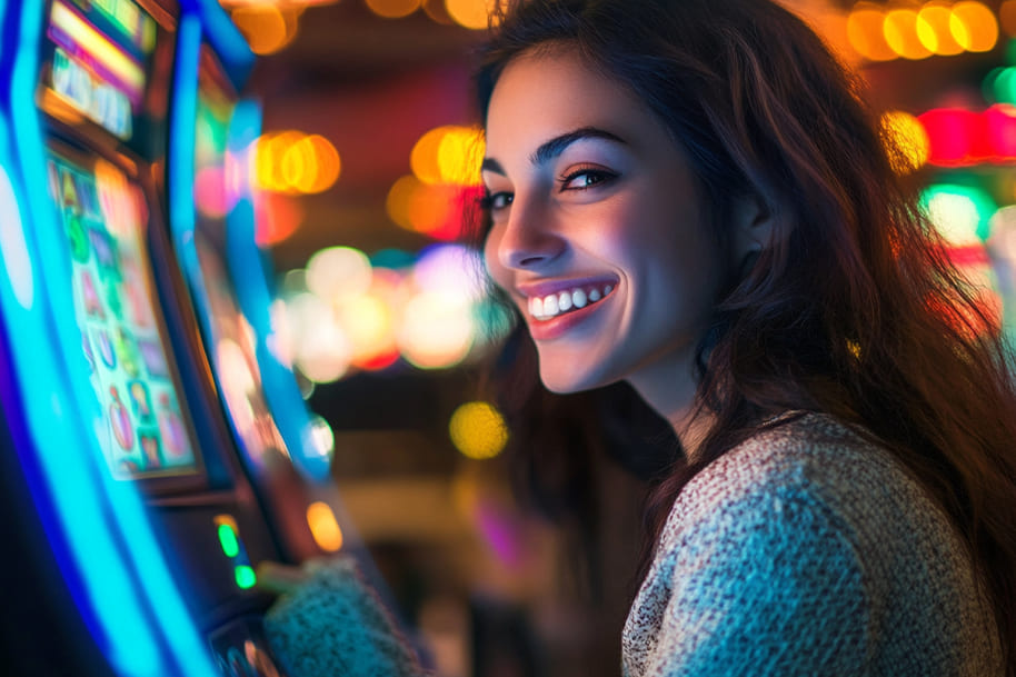 Smiling woman playing slot machine in a vibrant casino – Celebrating payday wins with Friday night spins