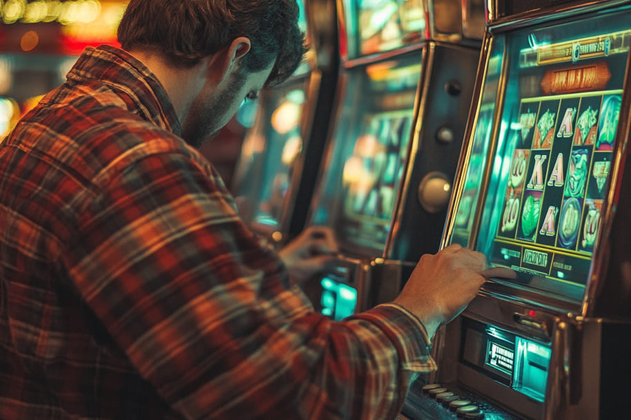 Man in plaid shirt focused on slot machine screen – Weekend spin session in full swing at the casino