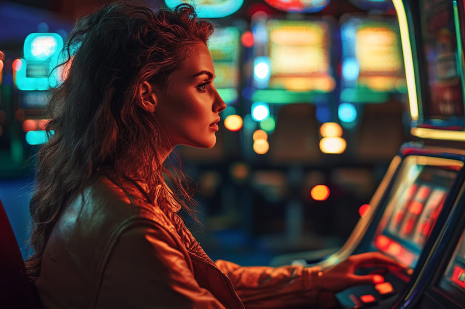 Stylish woman intensely focused on slot machine in neon-lit casino – Chasing weekend jackpots after payday