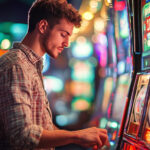 Young man playing colorful slot machine surrounded by lights – Friday vibes and hopeful spins at the slots