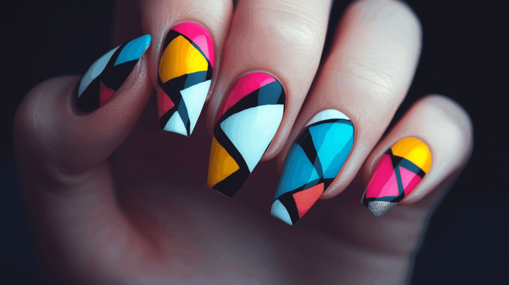 Nails painted in bold, abstract patterns with black outlines and vivid color blocks.