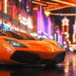 Luxury orange sports car parked under neon casino lights, symbolizing the high roller lifestyle of elite casino players at EternalSlots.com