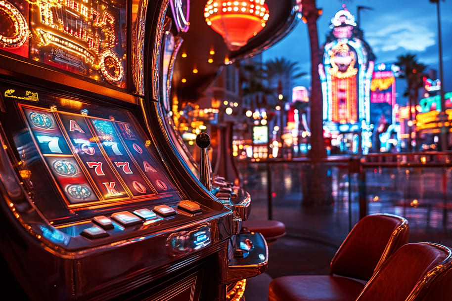 Slot machine glowing with 7s on the reels, set against a vibrant casino strip—capturing the high roller lifestyle at EternalSlots.com