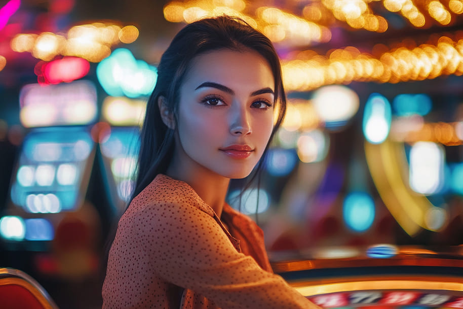 Confident woman at a roulette table surrounded by glowing casino lights—embodying the elegance of the high roller lifestyle at EternalSlots.com