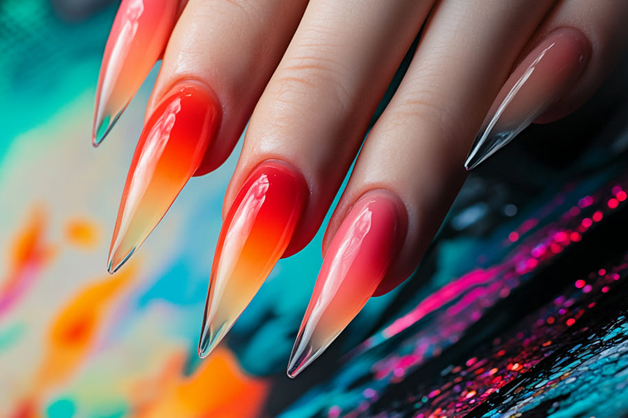 Sharp stiletto nails blending fiery red, orange, and yellow in a bold ombré style. NailTok 2025