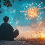 Person sitting in nature at sunset gazing at glowing zodiac constellation wheel in the sky symbolic image for June 2025 horoscope insights on love, work, and health.