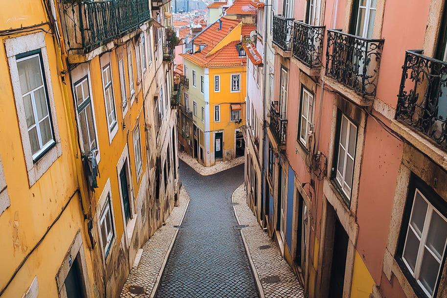 Colorful buildings and narrow cobblestone street in Lisbon, Portugal – Hidden gem for digital nomads and urban explorers