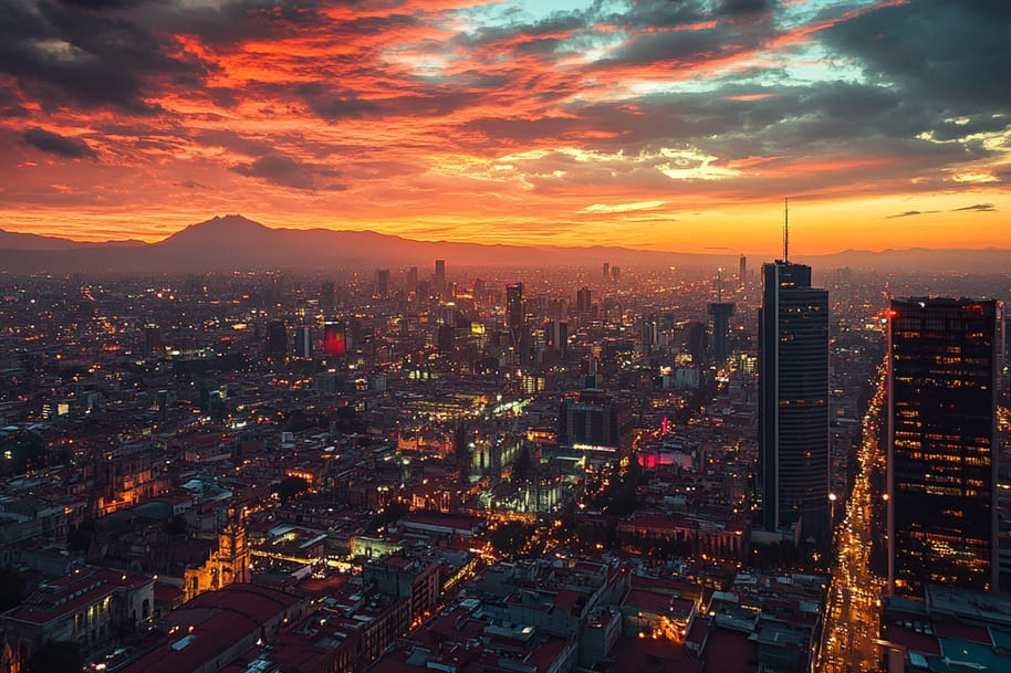 Aerial sunset view over Mexico City skyline with dramatic clouds – Best Latin American city for nightlife and culture