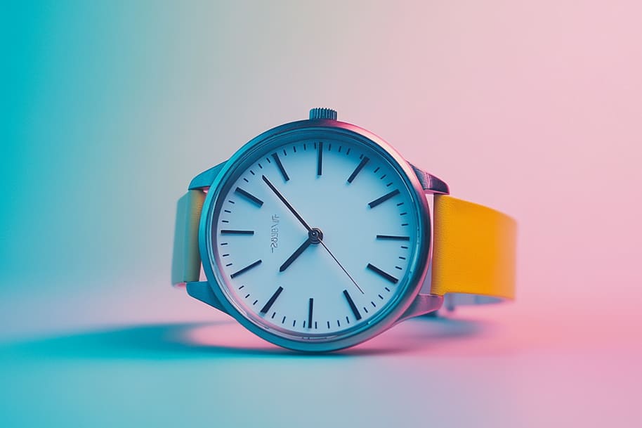 Minimalist watch design in pastel colors with a yellow strap, representing simplicity and clarity for minimalist living tips in 2025.