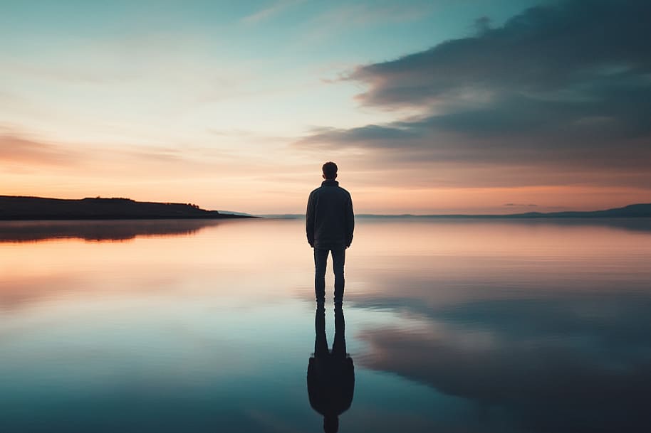 Man standing alone by a calm lake at sunrise, reflecting minimalist living tips and finding inner peace in nature for 2025.
