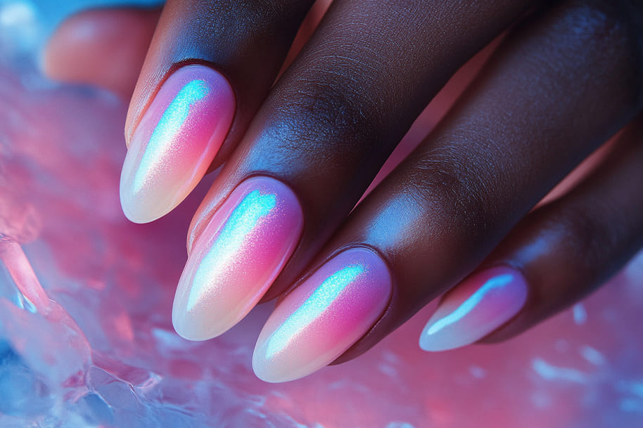 Iridescent pink and blue gradient nails with a soft glowing sheen. NailTok 2025