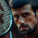 Focused stare from Novak Djokovic with tennis racket in frame – Portrait of a tennis legend and mental warrior