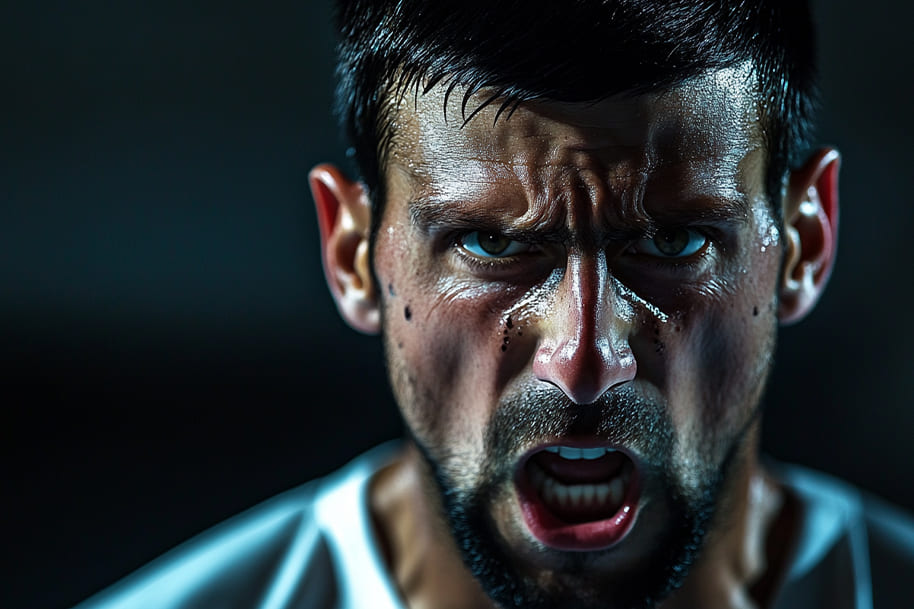 Close-up of Novak Djokovic yelling with intense focus and sweat – Ultimate display of determination and grit in sports