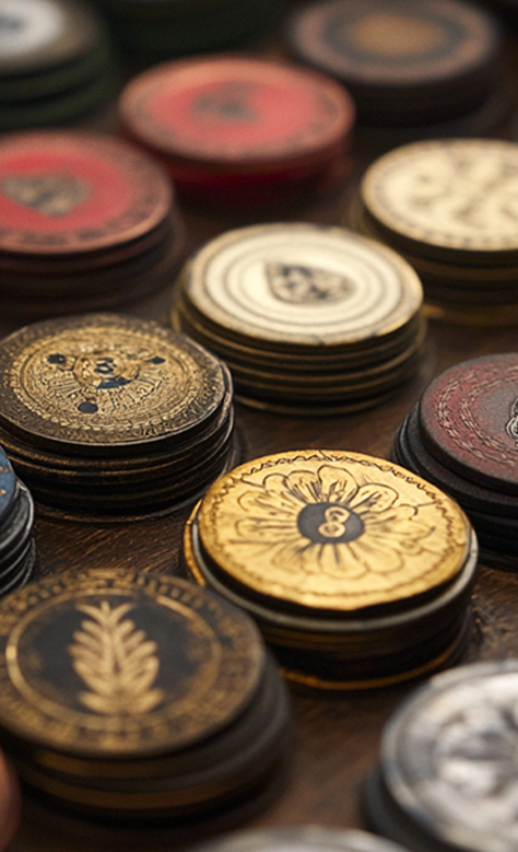 Close-up of vintage casino chips with ornate golden designs, showcasing the rich history of casino chips and how casino chip design evolved, featured on EternalSlots.com blog.