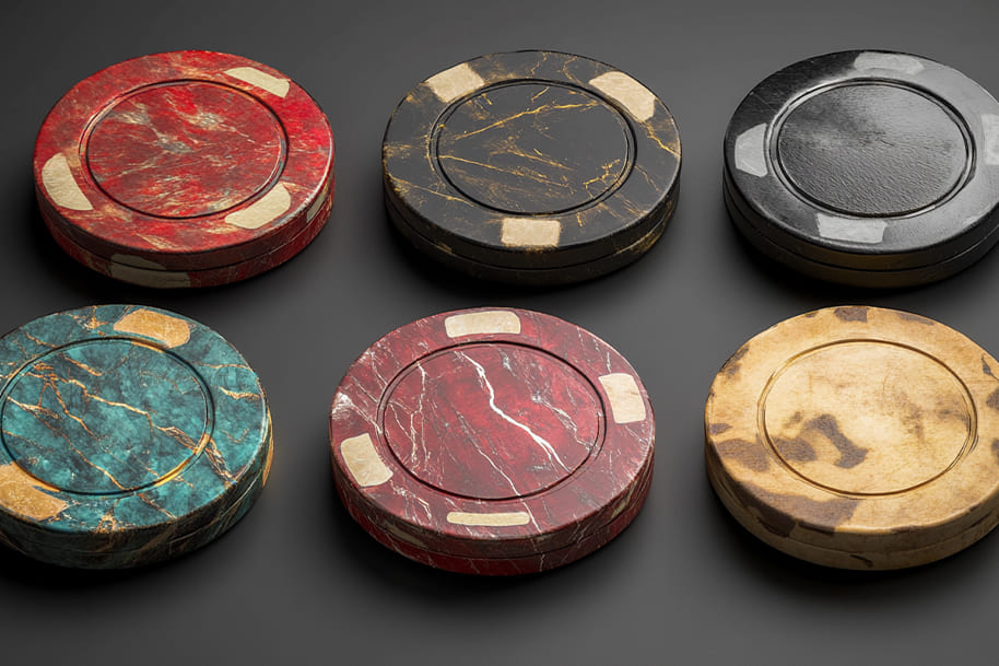 Modern casino chips in marble-style design showcasing the evolution of casino chip materials and design, featured on EternalSlots.com gambling history blog.
