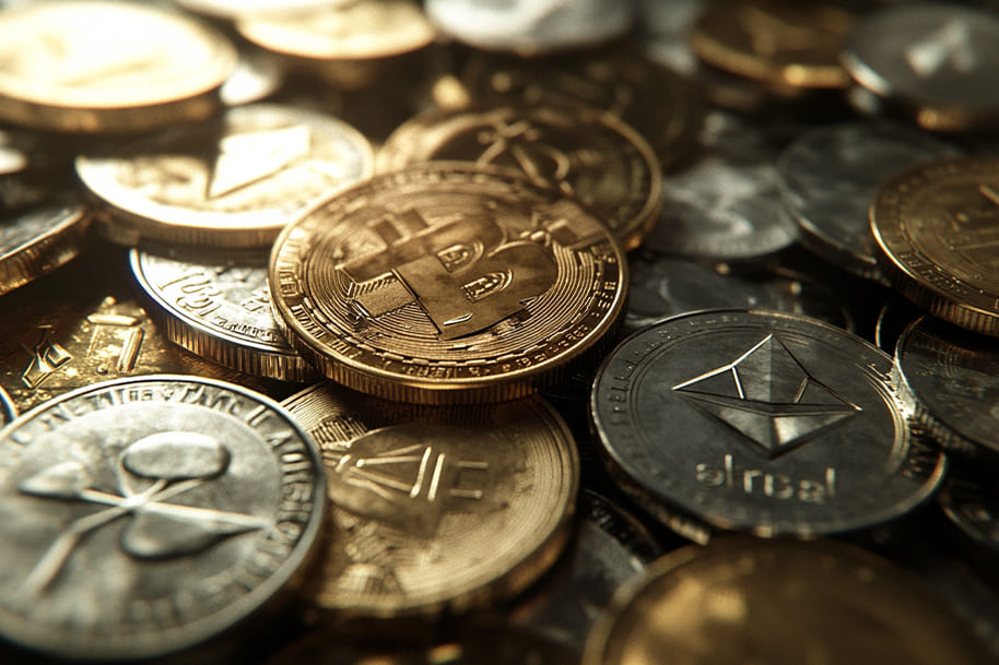 Various cryptocurrency coins including Bitcoin, Ethereum, and TON symbolizing the benefits of using digital assets for online payments and casino transactions in 2025.