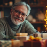 Happy elderly man in cozy sweater surrounded by wrapped presents heartwarming moment for a meaningful Father’s Day celebration.