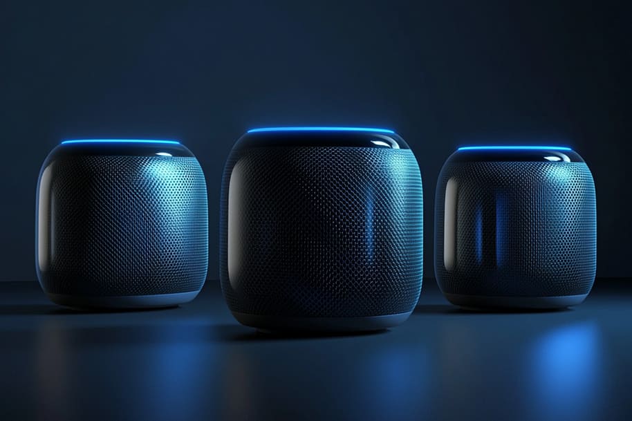 Set of sleek black smart speakers with blue LED glow high-tech Father’s Day gift idea for music or gadget-loving dads.