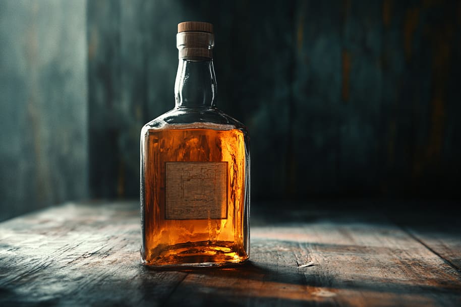 Elegant whiskey bottle placed on rustic wooden table classic.