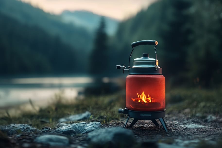 Portable camping kettle heater glowing beside a tranquil lake in the forest ideal Father’s Day gift for outdoor-loving dads.