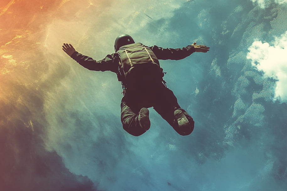 Man skydiving against a dramatic sky perfect gift idea for adventurous fathers who crave adrenaline experiences.