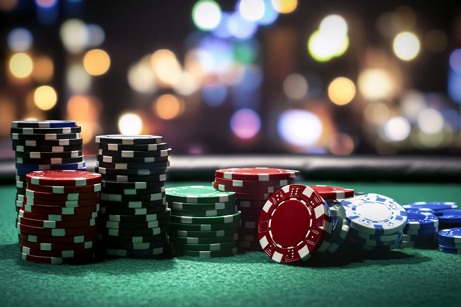 Stacks of colorful poker chips on green felt with bokeh background – Symbol of discipline, patience, and decision-making