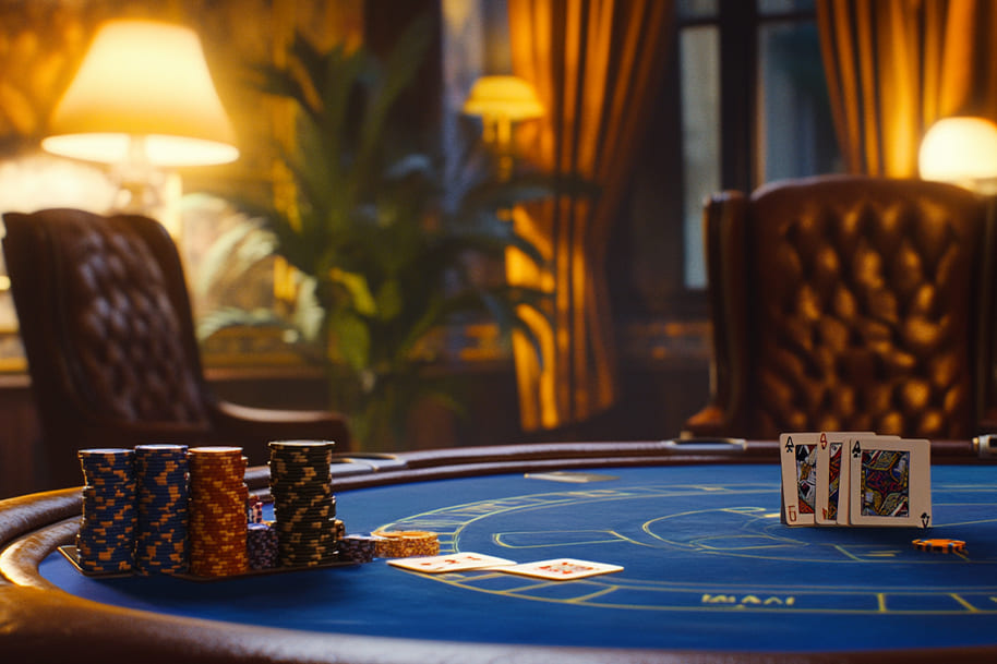 Elegant poker table with chips, cards, and aces revealed – Luxury casino setting representing strategy and risk