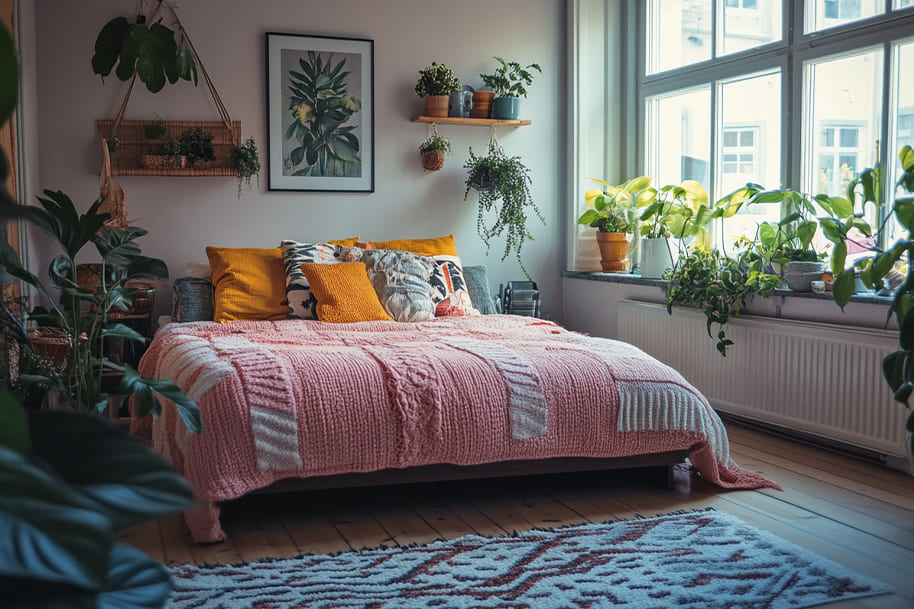 Modern boho bedroom with colorful pink bedding, indoor plants, and natural light – Eclectic Scandinavian interior inspiration