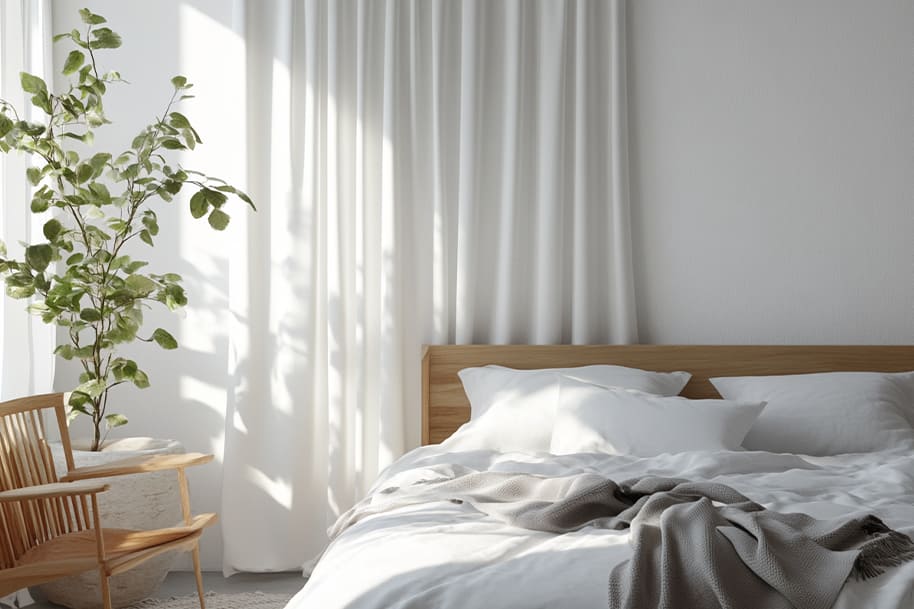 Bright minimalist bedroom with white bedding, wooden furniture, and leafy indoor plant – Scandinavian design aesthetics
