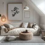 Cozy Scandinavian loft living room with neutral tones, natural light, and wicker furniture – Minimalist interior trend Gen Z loves