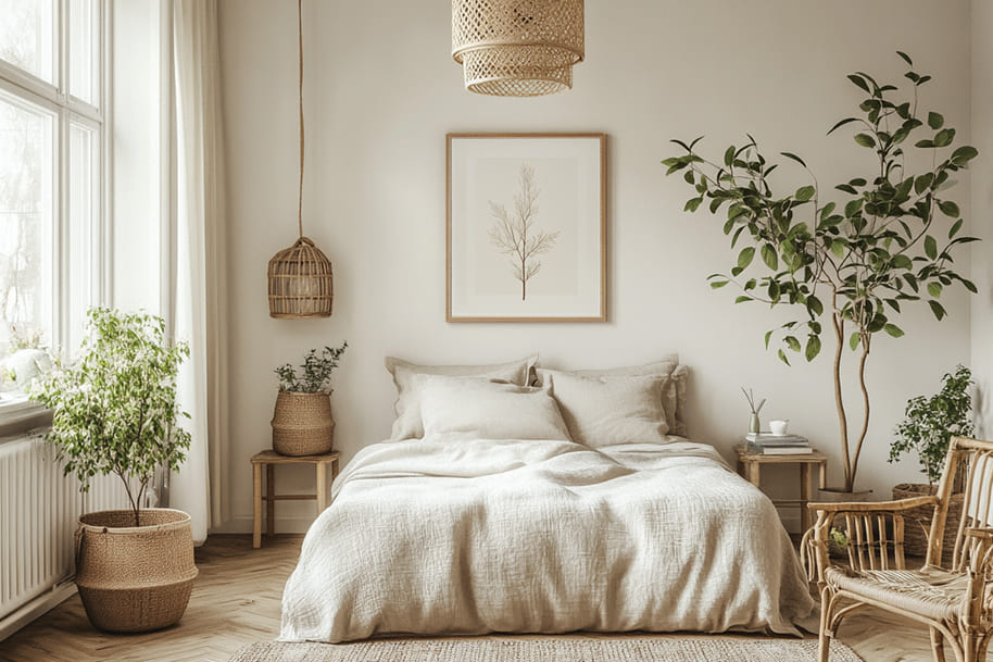 Earth-toned Scandinavian bedroom with linen bedding, rattan decor, and potted plants – Nature-inspired interior style