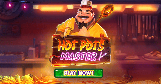 Hot Pots Master slot with play now button featuring big slot win.