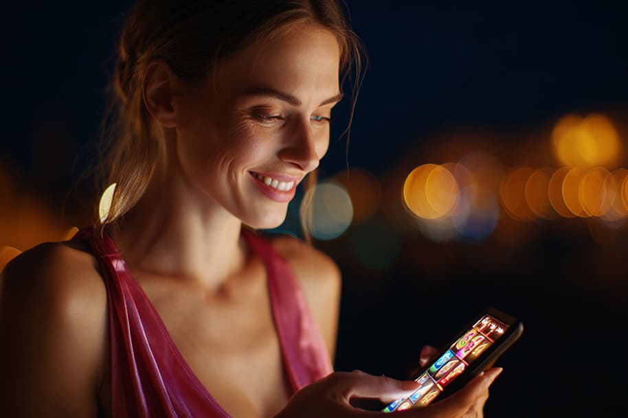 A person holding a phone displaying a bright slot game screen, with morning sunlight shining in.
